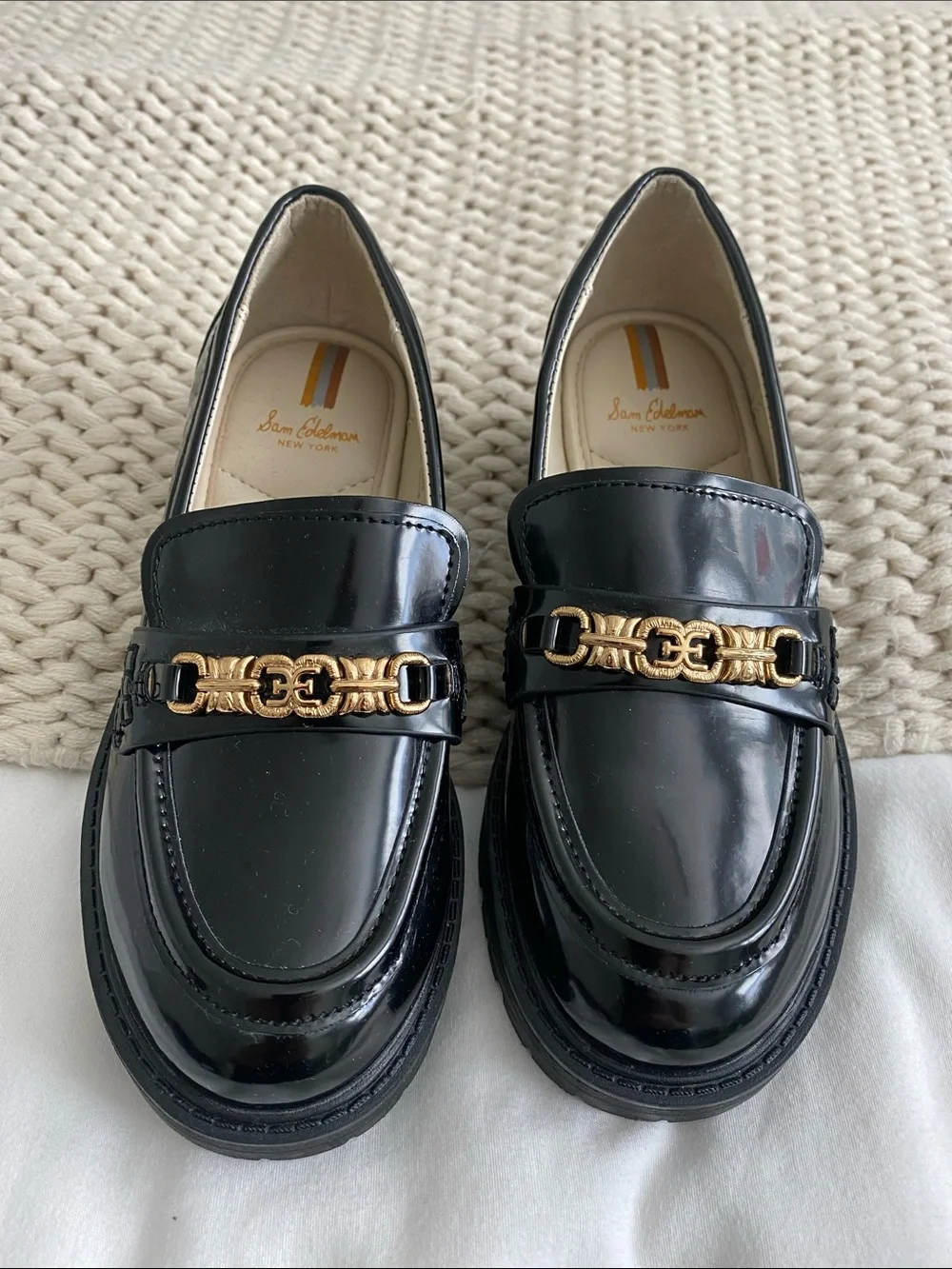 Sam Edelman Black Patent Loafers with Gold Chain Accent